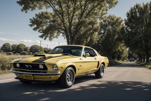 yellow and black car parked in a parking lot with trees in the background, a wide full shot, muscle cars, the last v 8 interceptor, mustang, frontal shot, front shot, yellow lighting from right, full body wide shot, based on bumblebee, cinematic front shot, bumblebee, a wide shot, 1970', nova, close body shot, mod