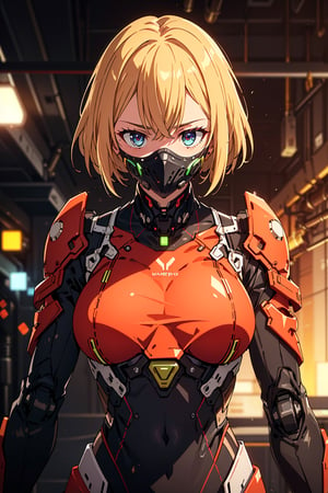 cgmech, (face mask, menpo), upper body, underboob, portrait, robot,white orange armor, white shimmering hair, neon light, 8K, RAW, best quality, masterpiece, ultra high res, colorful, (medium wide shot), (dynamic perspective), sharp focus , (depth of field, bokeh:1.3), extremely detailed eyes and face, beautiful detailed eyes,large breasts,(black gold, trimmed gear:1.2),(In a futuristic weapons factory:1.2), ((masterpiece, best quality)), Detailed background, spaceship interior