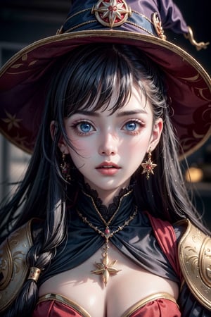 mona from Genshin Impact, beautiful face, detailed face, detailed wyes, blue and red outfit, blue eyes, wizard hat, sakimichan, wlop, loish, intricate artwork masterpiece, ominous, trending on cgsociety, by artgerm, h. r. giger and beksinski, highly detailed, vibrant, golden ratio, trending on cgsociety, 8k, by Lee Jeffries, depth - Gs studio,monadef