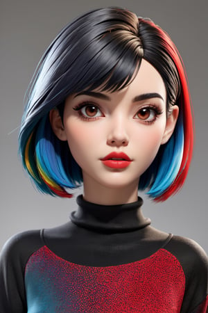 3d toon style,1girl,solo, upper body,looking at viewer, white background, bob cut, short hair, multicolored hair, makeup , parted lips, red lips, eyeliner,