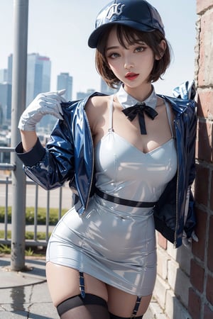 a girl,beautifil,wearing a blue and white latex dress with a short white jacket,gloves,neck,thighs,sexy,thigh straps,white garter,baseball cap,short hair,lipstick,thigh bag,bunny ears,posing for photoshot,seducitve pose