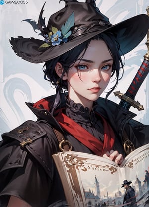 a close up of a person in a hat holding a sword, portrait of a vigilante, masamune, gunslinger, sage ( valorant ), portrait of apex legends, game cover, the gunslinger, unreal 5. rpg portrait, omen from valorant, valorant character, portrait of a bloodborne hunter, western gunslinger