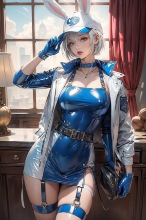 a girl,beautifil,wearing a blue and white latex dress with a short white jacket,gloves,neck,thighs,sexy,thigh straps,white garter,baseball cap,leaning,short hair,lipstick,thigh bag,bunny ears,posing for photoshot,seducitve pose