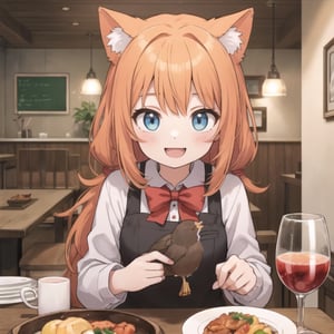 1girl holding a turkey in a plate, cozy dinner room, catgirl, orange hair,(XD:1.4)