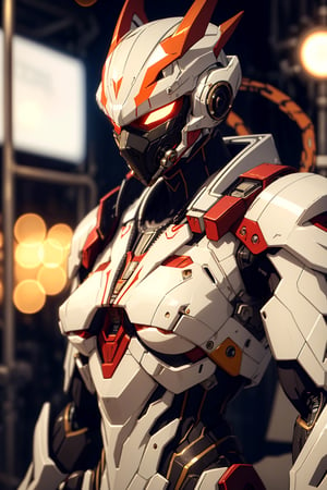 cgmech, (face mask, menpo), upper body, underboob, portrait, robot,white orange armor, white shimmering hair, neon light, 8K, RAW, best quality, masterpiece, ultra high res, colorful, (medium wide shot), (dynamic perspective), sharp focus , (depth of field, bokeh:1.3), extremely detailed eyes and face, beautiful detailed eyes,large breasts,(black gold, trimmed gear:1.2),(In a futuristic weapons factory:1.2), ((masterpiece, best quality)), Detailed background, spaceship interior,mecha \(mjstyle\)