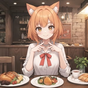 1girl holding a turkey in a plate, cheerful smile, cozy dinner room, catgirl, orange hair