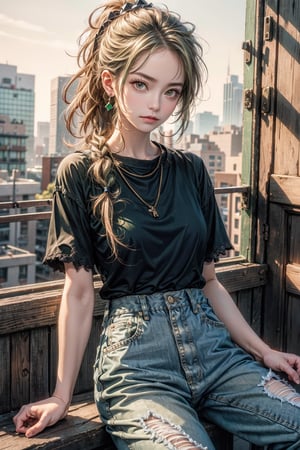 Masterpiece, Detailed,1girl,wearing green shirt, denim, pants torn,shot ponytail, pointed hair,Niji Kei