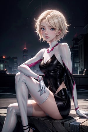 1girl , solo, Gwen Stacy, blonde hair, short hair, undercut, animefiction, asymmetrical hair, blue eyes, masterpiece, absurdres, best quality ,intricate details, sitting , happy,,shenhe(genshin impact),gwen stacy