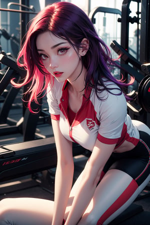 Masterpiece, vivid colors,cinematic light, close up,extreme face close up, In the vibrant atmosphere of a gym, detailed lips,lipgloss,parted lips,a spirited girl with hair resembling mix of purple, red, white, and black passionately engages in her workout routine. The detailed illustration captures her dynamic energy as she navigates the gym with confidence. Dressed in sport clothes, the chromatic cascade of her hair, gym's lively ambiance is heightened by her enthusiastic presence,                                            ,YAMATO