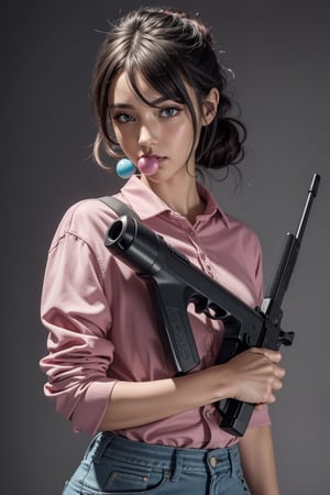 A girl with bubblegum in the mouth and holding a gun