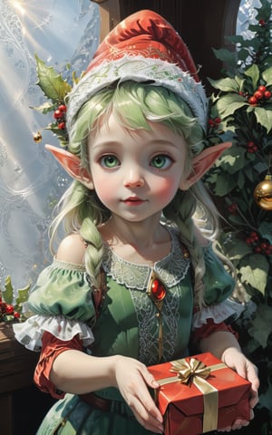 A Ultra realistic, a stunningly portrait, Cute and adorable christmas baby elf with gifts, hoarfrost metal lace, christmas theme,  fantasy, sunlight, sunbeam, intricate detail, 12k, front, cover, unzoom, hyperdetailed painting, luminism, Bar lighting, complex, 4k resolution concept art portrait by Greg Rutkowski, Artgerm, WLOP, Alphonse Mucha, little fusion pojatti realistic , fractal isometrics details bioluminescens : a stunning realistic photograph, wide angle, red, green, white colors

