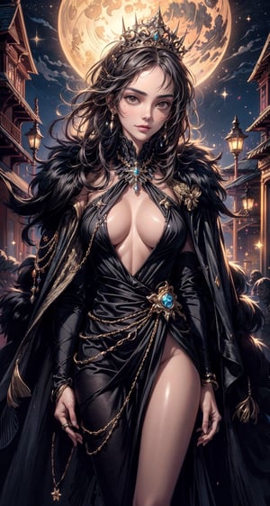 A regal ebony beauty queen, with cornrow hair, with a mischievous smile, sfw_nudity,similar to both Kendall Jenner and Halle Berry, the panther's fur glowing in the moonlight. Mystical sparkling lights, terrifying atmosphere. Steampunk