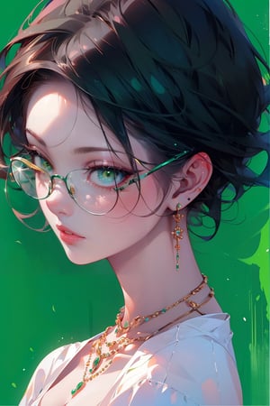 1girl, solo, long hair,oil painting, impasto, looking at viewer, black hair, jewelry, green eyes, short hair,bob cut, earrings, lips, brown skin, necklace, lips,green background,circlet,green glasses,masterpiece,beautyniji,nijistyle,niji