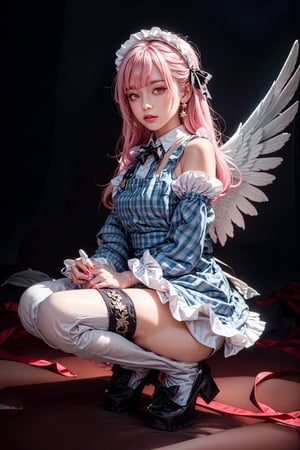 Havoc and Disorder, 1girl, solo, long hair, looking at viewer, blush, bangs, thighhighs, long sleeves, dress, bow, ribbon, jewelry, full body, pink hair, earrings, frills, parted lips, detached sleeves, wings, striped, pink eyes, star (symbol), nail polish, apron, plaid, maid headdress, blue dress, blue bow, frilled dress, striped thighhighs, angel wings, blue footwear, frilled thighhighs, plaid dress
