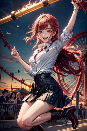 oft lighting, scenic background, carnival, roller coasters, gekkoukan high school uniform, white button up shirt, black pleated skirt, boots, red hair over on eye, excited happy expression, hearts