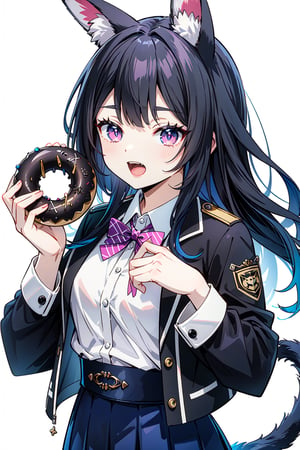 (Masterpiece, best quality, high resolution: 1.3), super resolution image, beautiful hands, perfect anatomy, human, single, 1 person, 16 year old female, furry, animals, cat, cat girl, pink Tender skin, human hands, cat tail, cat ears, sharp, handsome, aggressive, naughty, fangs, tall, ((black hair)), proud, parted in the middle, medium long hair, golden eyes, ((dark) Pupils)), A cup, thin waist, female, ((holding a rabbit-shaped donut with one hand)), ((rabbit donut)), cute donut, ((white shirt)), ((school uniform ) )), ((uniform jacket)), (student skirt), white background, FurryCore,nj5furry