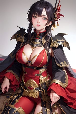 a beautiful  woman, dressed in red samurai armor