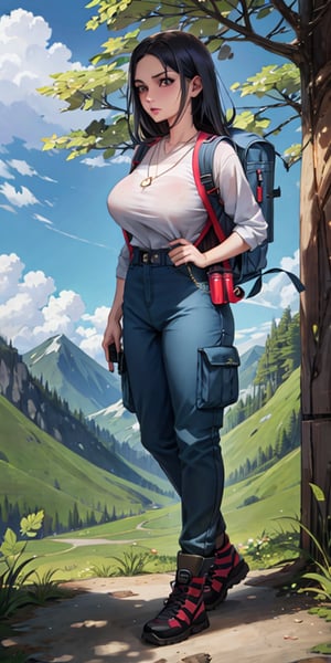 A nature-loving girl with  blue eyes, long flowing black hair. She wears a practical yet stylish outfit, featuring cargo pants, a utility vest, and hiking boots. Her accessories include a compass necklace and a backpack filled with nature exploration gear. open_shoulders, open_legs, sitting_down,big_boobs 