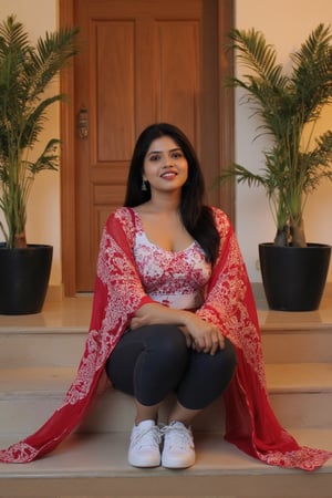 Indian, Beautiful girl aged 30, wearing kurtha and a low waist skinny jeans and white sneekers,sitting on the steps of a  house entrance,having long hair with dark black colour,with soft tone skin,with Warm lighting and filter,smiling by looking into the cam who is taking her pictures, taking in a long telephoto lens,with good aperture, Picture quality rendered with realistic image and rendered to 4k quality,m4d4m,Indonesiadoll