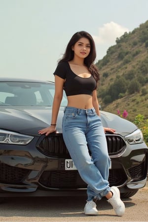 Indian, Beautiful girl aged 30, wearing a t shirt and Low waist jeans and white sneekers, having a long black freestyle hair,with deep brown eyes,soft white skin tone,leaning infront of a bmw m8 competition,in a background of a mountain valley,with a warm color tone,mid sunny day focusing on our model and the car,with a long lens,with good aperture, rendering the image to 4k quality with harsh lighting,m4d4m,Indonesiadoll