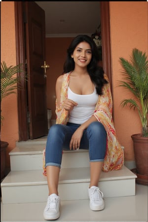 Indian, Beautiful girl aged 30, wearing kurtha and a low waist skinny jeans and white sneekers,sitting on the steps of a  house entrance,having long hair with dark black colour,with soft tone skin,with Warm lighting and filter,smiling by looking into the cam who is taking her pictures, taking in a long telephoto lens,with good aperture, Picture quality rendered with realistic image and rendered to 4k quality,m4d4m,Indonesiadoll