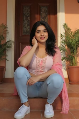 Indian, Beautiful girl aged 30, wearing kurtha and a low waist skinny jeans and white sneekers,sitting on the steps of a  house entrance,having long hair with dark black colour,with soft tone skin,with Warm lighting and filter,smiling by looking into the cam who is taking her pictures, taking in a long telephoto lens,with good aperture, Picture quality rendered with realistic image and rendered to 4k quality,m4d4m,Indonesiadoll