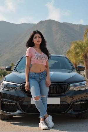 Indian, Beautiful girl aged 30, wearing a t shirt and Low waist jeans and white sneekers, having a long black freestyle hair,with deep brown eyes,soft white skin tone,leaning infront of a bmw m5 competition,in a background of a mountain valley,with a warm color tone,mid sunny day focusing on our model and the car,with a long lens,with good aperture, rendering the image to 4k quality with harsh lighting,m4d4m,Indonesiadoll