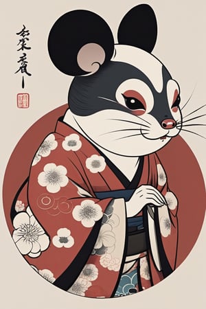 Ukiyo-e style image. Japanese monster in kimono. Large round black ears, white face, black nose, cartoon mouse-like face.