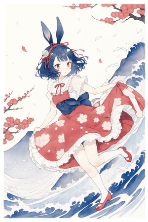 traditional,  ukiyo-e,  Chojugiga,  Rabbit girl,,  hokusai,  masterpiece,  best quality,  aesthetic, alice (alice in wonderland) (cosplay). 