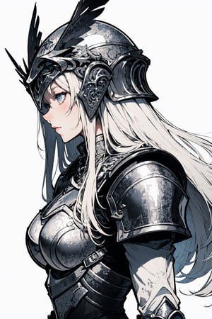 line drawing, no color, simple details  
sticker, watercolor, futuristic, White background, clipart, high resolution, black and white, knight with armor, light color hair, long hair, side view, valkyrie, helmet