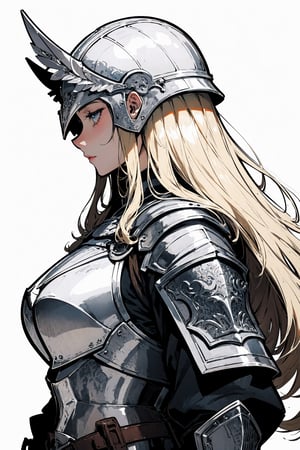 line drawing, no color, simple details  
sticker, watercolor, futuristic, White background, clipart, high resolution, black and white, knight with armor, blonde hair, long hair, side view, valkyrie, helmet 