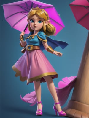 ((full body):1.5), Princess Zelda, wearing pink long dress, has pink high heels, holding umbrella, 16k, high quality, high details, UHD, masterpiece, blue background