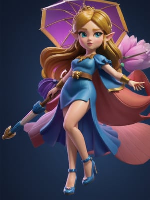((full body):1.5), Princess Zelda, wearing blue long dress, has pink high heels, holding umbrella, 16k, high quality, high details, UHD, masterpiece, blue background
