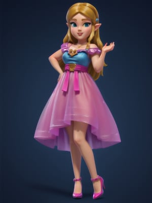 ((full body):1.5), Princess Zelda, wearing pink long dress, has pink high heels, 16k, high quality, high details, UHD, masterpiece, blue background