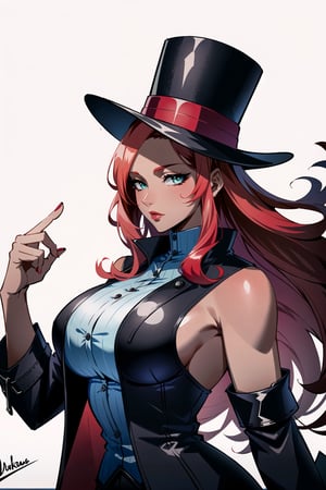 8k, (absurdres, highres, ultra detailed), (1lady), ((best quality)), ((masterpiece)), very tall female wearing a large hat and a trenchcoat, wearing black leather armor ,inner sideboob, (dark_skin, dark_skinned_female, darkskin), emerald_eyes, glowing eyes, broad shoulders, beautiful and intricately designed black trenchcoat, ((red hair)), beautiful white hair, hatching, crosshatching, simple background, watercolor background, thick outline around character, green and red theme, tophat, Black_Canary_JLU