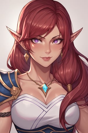 score_9, score_8_up, score_7_up, source_comic, (katerina from league of legends, katerina, portrait, dark skin, very brown skin, sorceress, mature, league of legends, red hair, very long hair, hair resting on shoulders, teeth tattoo, side tail, purple eyes, wide eyes, , symbol pupil, crazy eyes, full lips, 25 years old, muscular female, scars, medium breasts), hand besides head, ample cleavage, brown skin, elf ears, glowing eyes, tattoo through eye, smirky smile, shoulder armor, black and silver outfit, necklace, covered in tattoos, magic background, magic flowing through the wind, fullmoon, 