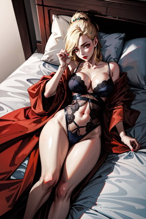 8k,  (absurdres,  highres,  ultra detailed), (1lady),  ((best quality)),  ((masterpiece)),  medium boobs:1, laying_in_bed, arms_raised, narrow_waist, big_hips, parted lips, black_lipstick, eyeliner, blonde hair, shoulder-length_hair, browneyes, black lingerie, wearing thin red robe, from above, curvy, sexy woman, mature woman, 30 years old