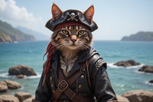 a small anthropomorphic cat dressed like a pirate on the coast