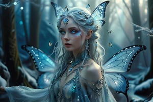 In a mesmerizing 8K Raw masterpiece, a stunning young fairy commands the medium shot. Her piercing gaze is framed by delicate, icy blue mist swirling around her ethereal features. Long silver locks cascade down her back like a river of moonlight, as big, iridescent butterfly wings unfold behind her. A majestic tunic adorned with glittering jewels encases her slender form, its ornate design shimmering in the soft, wintry light. Amidst the mystical forest's frosty hues, this enchantress stands regal and untouchable, her intense stare holding court over the magical landscape.