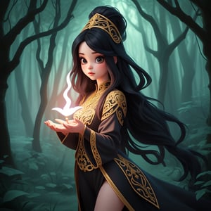 fantasy, medium shot, maximum detail, kawaii, a beautiful sorceress, long black hair, wearing a tight ornate tunic, spells, in a magic forest, pixar art,
