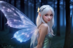 medium shot, maximum detail, a beautiful fairy,  buterflies wings, white hair, magic lights, in a forest , at the night, magic lights,