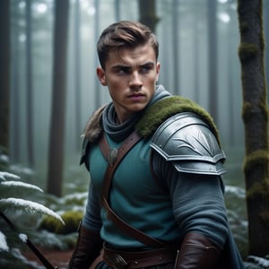 (Masterpiece, Best Quality, Photorealistic, High Resolution, 8K Raw,cold colors) Medium shot, fantasy, a young man, warrior, strong, powerful, resisting indomitable, in the forest,,