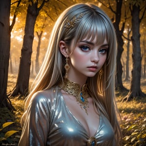 (Masterpiece, Best Quality, Photorealistic, High Resolution, 8K Raw) Medium shot, fantasy, beauty, elegance, a beautiful young fairy, with an intense gaze, long silver hair, with an elegant, ornate tight tunic, with jewels, in a magical and supernatural forest at autumn, warm colors,
