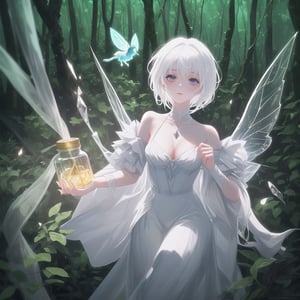 maximum detail, a beautiful fairy in a cristal jar,  short white hair, in the forest, magic lights,