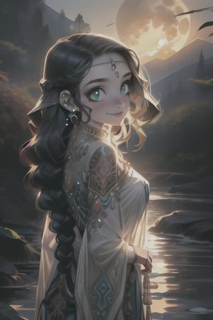 (masterpiece, graphic art), ((art nouveau style)), 1girl, green eyes, dark pupils, long braid made from leaves, vines, black hair with green vines, green vines in hair, leaves in hair, soft freckles on nose, detailed face, glowing moon forehead tattoo, clothes made from leaves and bark, flowing dress made from leaves, gorget, cloak, jewellery, eyebrow piercing, ear piercing, turning into leaves, swirling leaves, bark, wood, natural forms, nature, in sky, clouds, updraft, light smile, distant mountains, dynamic pose, floating leaves, butterfly style, depth of field, cowboy shot, backlit, adventure, magical, wild, intricate border, 