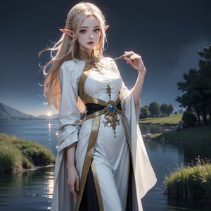 (Masterpiece, Best Quality, Photorealistic, High Resolution) Medium shot, fantasy, beauty and cute, a beautiful young elf, long whiter hair, with an elegant and ornate tight tunic, with jewels, in a magical and supernatural lake, in the night,