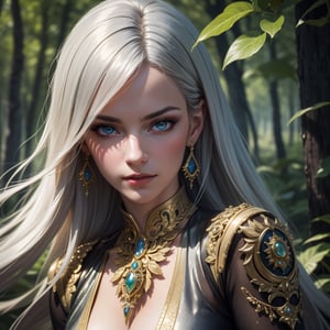 (Masterpiece, Best Quality, Photorealistic, High Resolution, 8K Raw) Medium shot, fantasy, beauty, elegance, a beautiful young fairy, with an intense gaze, long silver hair, supernatural aura, with an elegant, ornate tight tunic, with jewels, in a magical and supernatural forest, cold colors,
