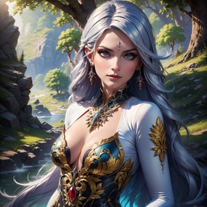 (Masterpiece, Best Quality, Photorealistic, High Resolution, 8K Raw) Medium shot, fantasy, beauty, elegance, a beautiful young fairy, with an intense gaze, long silver hair, supernatural aura, with an elegant, ornate tight tunic, with jewels, in a magical and supernatural forest, cold colors,
,fantasy00d