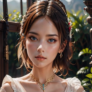 (Masterpiece, Best Quality, Photorealistic, High Resolution, 8K Raw) Medium shot, fantasy, beauty, elegance, a beautiful young fairy, with an intense gaze, long silver hair, with an powerfull aura, with an elegant, ornate tight tunic, with jewels, in a magical and supernatural landscape, warm colors,Ji-woofantasy