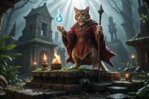 A majestic antropomorfic cat-wizard stands atop a crumbling temple, surrounded by lush greenery and mystical artifacts. The intricate details of its fur shine with ultra-high definition, as dramatic light casts a warm glow on the scene. Volumetric light illuminates the ancient structure, while dynamic lighting creates an epic atmosphere. In cinematic moviemaker style, the cat's eyes gleam with wisdom, as it holds a staff imbued with magical energy. Realising the lighting and shading in vivid, vibrant Unreal Engine concept art, this stunning masterpiece transports us to an amazing, ancient world.